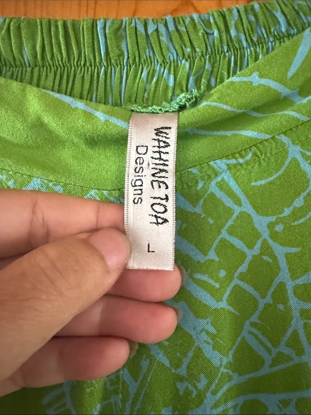 Wahine Toa Women's Wide Leg Green Printed Pants with baby blue lauhala print - Picture 3 of 5